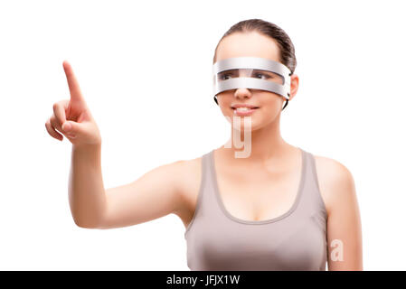 Techno girl pressing virtual button isolated on white Stock Photo