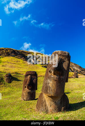 Moais at the quarry on the slope of the Rano Raraku Volcano, Rapa Nui National Park, Easter Island, Chile Stock Photo