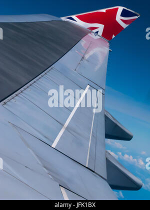 Aircraft Wing in Flight, 747-800 Virgin Atlantic Jumbo Jet Wing Stock Photo