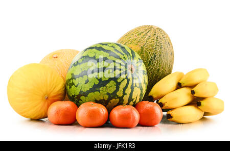 Composition with assorted melons bananas and tangerines. Stock Photo