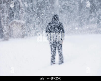 Rear view of man standing in snow Stock Photo