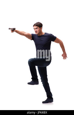 Aggressive young man with gun isolated on white Stock Photo