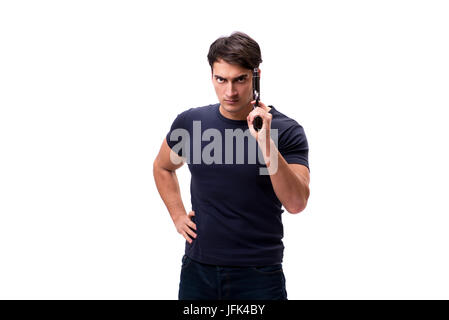 Aggressive young man with gun isolated on white Stock Photo