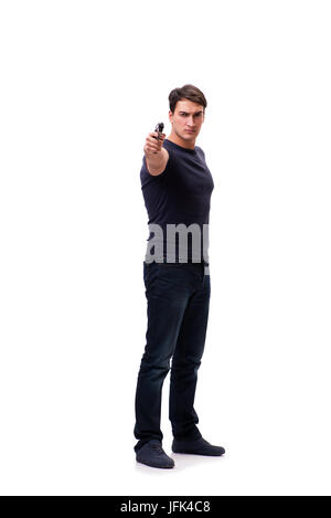 Aggressive young man with gun isolated on white Stock Photo