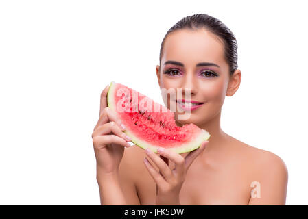 Woman with watermelon slice isolated on white Stock Photo