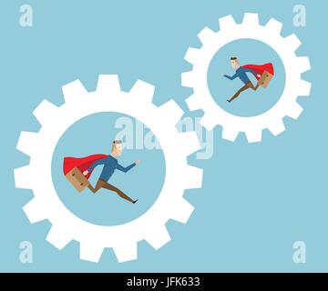 businessman with red cape and breafcase in hand running in cog gear wheels, business movitation concept cartoon vector illustration Stock Vector