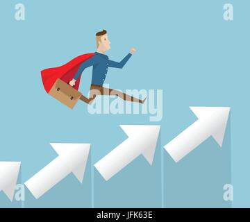 businessman in red cape running on arrow stairs to success, business vision concept cartoon vector illustration Stock Vector
