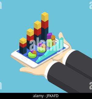 Flat 3d Isometric Businessman Hands Holding Tablet with Financial Chart Graph, Finance Analysis  Mobile Application Concept Stock Vector
