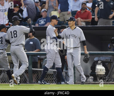 Chicago, Illinois, USA. 28th June, 2017. (R-L) Masahiro Tanaka, Aaron Judge, Didi Gregorius (Yankees) MLB : New York Yankees starting pitcher Masahiro Tanaka and shortstop Didi Gregorius after making a double play to end the third inning during the Major League Baseball game against the Chicago White Sox at Guaranteed Rate Field in Chicago, Illinois, United States . Credit: AFLO/Alamy Live News Stock Photo