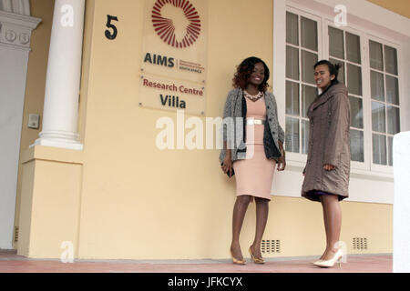 Physicist Desiree Mahinga (25, L) from Congo-Brazzaville and mathematician Valimbavaka Ranaivomanana (26, R) from Madagascar pictured at the African Institute for Mathematical Sciences (AIMS) in Muizenberg, not farm from Cape Town, South Africa, 20 June 2017. An african mathematics institute is aiming to find the next Einstein. Young geniuses from all over Africa study here. Some dream of a Nobel Prize. Photo: Kristin Palitza/dpa Stock Photo