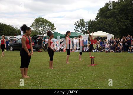 Biggin Hill, UK. 1st July, 2017. Biggin Hill's annual festival gets underway in Kent. The festival has lots of fun for all the family complete with a fun dog show, judo show, gymnastics, belly dancers, reptiles, funfair rides, stalls, classic cars, motorcycles, performing arts school and was opened by the Mayor of Bromley, Cllr Kathy Bance MBE. There were lovely blue skies this year after the washout last year due to heavy rain. Credit: Keith Larby/Alamy Live News Stock Photo