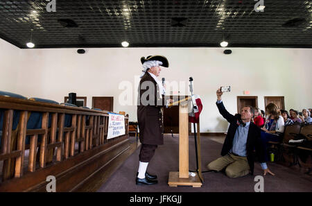 Dayton, Tennessee, USA. 01st July, 2017. A Thomas Jefferson impersonator speaks in the very same courtroom in the Rhea County Courthouse in which the famous Scopes Monkey Trial took place. Today the courtroom was the site of a rally hosted by fundamentalist Christians who stand in opposition to the scheduled unveiling of a Clarence Darrow statue in Dayton's town square on July 14. Darrow was the defense attorney in the famous Dayton, TN trial in 1925 in which a high school teacher, John Scopes, was charged with the teaching of evolution. Credit: ZUMA Press, Inc./Alamy Live News Stock Photo