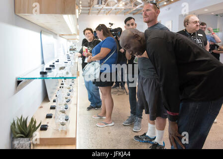 Las Vegas, USA. 01st July, 2017. customers shop at The Source marijuana dispensary during the first day of the state's recreational marijuana sales. State residents and visitors over the age of 21 are able to purchase up to one ounce of marijuana flower and 1/8 ounce of concentrate. Credit: Jason Ogulnik/Alamy Live News Stock Photo