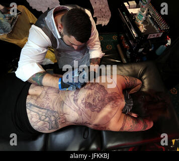 Walsall, UK. 1st July, 2017. Circus of Horrors ,finalist of Britain Got Talent 2011,performing live in Walsall as part of the Cirque du tattoo Festival ,first time ever show held at the home of Walsall FC Bescot Stadium@Paul Quezada-Neiman/Alamy Live News Stock Photo