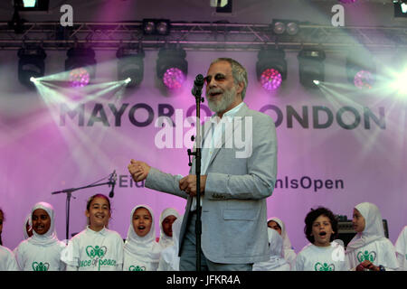 London, UK. 2 July, 2017. The mayor  of London Sadiq Khan together with Yusuf Islam ,better know as Cat Stevens and Masterchef champion Saliha Mahmoud-Ahmed on the stage in Trafalgar square welcoming the thousands who come and enjoy the Eid Celebrations  Credit: Paul Quezada-Neiman/Alamy Live News Stock Photo