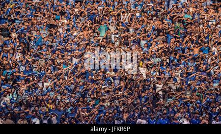 Beijing, Brazil. 1st July, 2017. Supporters of Caprichoso team react during the Parintins Folklore Festival in Parintins, the Amazonas state, Brazil, on July 1, 2017. Parintins Folklore Festival, a popular annual celebration held in the Brazilian city of Parintins, Amazonas, kicked off on Friday night. Credit: Li Ming/Xinhua/Alamy Live News Stock Photo