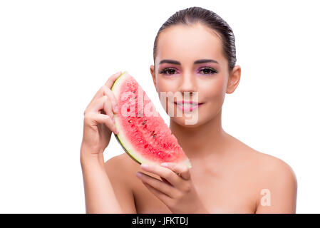 Woman with watermelon slice isolated on white Stock Photo