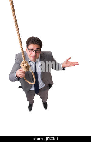 Man committing suicide through hanging himself isolated on white Stock Photo