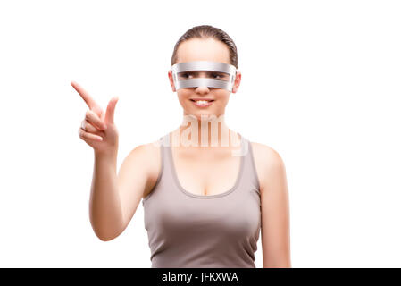 Techno girl pressing virtual button isolated on white Stock Photo