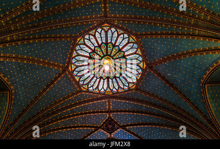 Montreal, Canada - May 28, 2017: Old town Notre Dame Basilica inside with ceiling and stained glass windows in Quebec region city Stock Photo