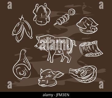 Collection of hand-drawn meat on blackboard. Retro vintage style . Stock Vector