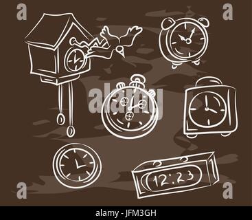 Collection of hand-drawn clock on blackboard. Retro vintage style . Stock Vector