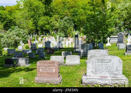 Montreal, Canada - May 28, 2017: Cemetery on Mont Royal with grave tombstones signs during bright sunny day in Quebec region city Stock Photo