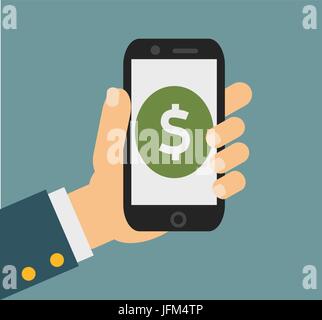 Flat design vector business illustration concept Online banking payments services hand hold smart phone for website and promotion banner. Stock Vector