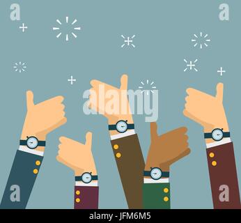 Cheering business people holding many thumbs up in flat style. vector illustration.  Stock Vector