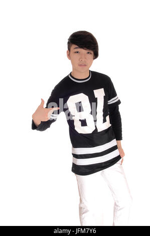 Young man pointing finger at himself. Stock Photo