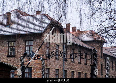 Auschwitz, Oswiecim, Birkenau, Brzezinka, Poland, North East Europe, Entrance gate to concentration camp, Stock Photo