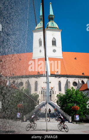 Bratislava, Slovakia, center Europe, The St. Martin, s Cathedral reflected in a granite wall, Stock Photo