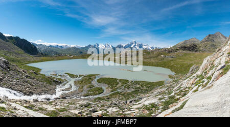 Seracchi lake and the Mont Blanc Massif, La Thuile, Aosta Valley, Italy Stock Photo