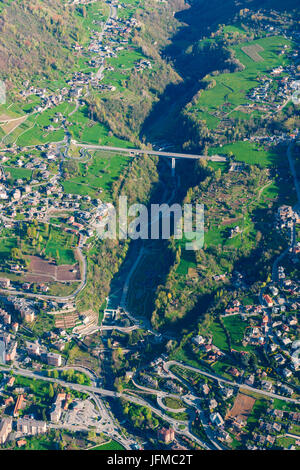 Aerial view of Aosta city, Aosta Valley, Italy, Europe, Stock Photo