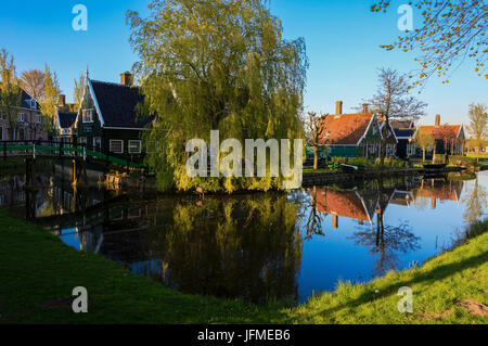 Wood houses on river Zaan framed by green meadows in the typical village of Zaanse Schans North Holland The Netherlands Europe Stock Photo
