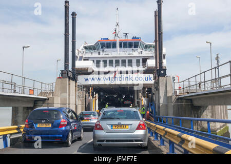 England, Hampshire, Isle of Wight, Fishbourne, Cars Entering Wightlink Ferry Stock Photo