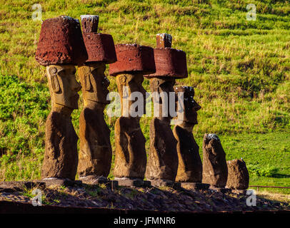 Moais in Ahu Nau Nau by the Anakena Beach, Rapa Nui National Park, Easter Island, Chile Stock Photo