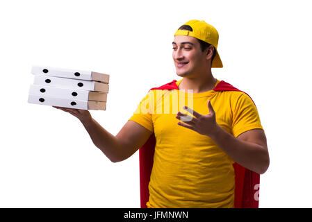 Super hero pizza delivery guy isolated on white Stock Photo