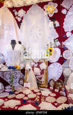 Brussels, Belgium - June 18, 2011: Traditional handmade lace boutique shop in Brussels Stock Photo