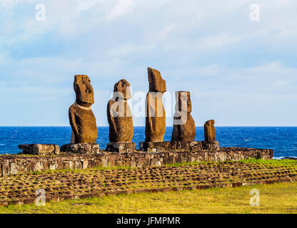 Moais in Ahu Vai Uri, Tahai Archaeological Complex, Rapa Nui National Park, Easter Island, Chile Stock Photo