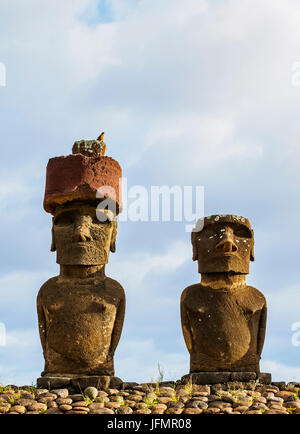 Moais in Ahu Nau Nau by the Anakena Beach, Rapa Nui National Park, Easter Island, Chile Stock Photo