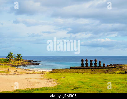 Moais in Ahu Nau Nau by the Anakena Beach, Rapa Nui National Park, Easter Island, Chile Stock Photo