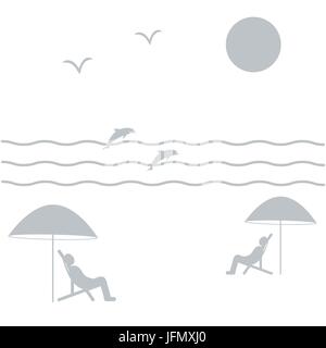Nice picture on holiday by the sea: the sun, seagulls, dolphins, waves, people in beach chairs under umbrellas on a white background Stock Vector
