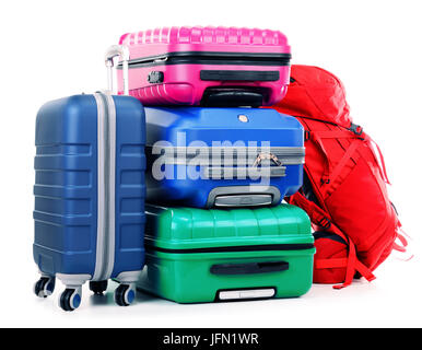 Luggage consisting of large suitcases and rucksacks isolated on white. Stock Photo