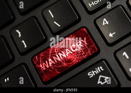 Message on broken red enter key of keyboard. Computer wannacry virus attack. Copy space Stock Photo