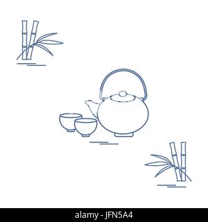 Stylized icon of the teapot with two cups and bamboo. Tea ceremony. Design for banner, poster or print. Stock Vector