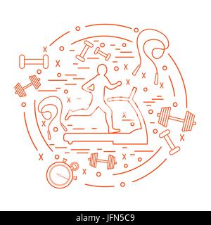Vector illustration of the man jogging on a treadmill and different kinds of sports equipment arranged in a circle. Including icons of skipping rope,  Stock Vector