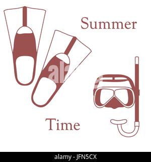 Stylized icon of a colored mask, tube and flippers for a scuba diving. Sports and recreation theme. Design for banner, poster or print. Stock Vector