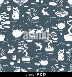 Cute vector pattern with bonsai tree, minimal rock garden, japanese lucky cat Maneki Neko, carp koi and other. Travel and leisure. Stock Vector