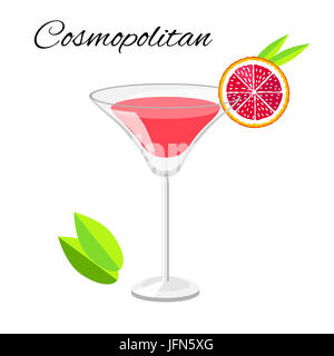 Popular Cosmopolitan cocktail cartoon style. Summer long drink isolated on white for restaurant, bar menu or beach party banner and flyer Stock Photo